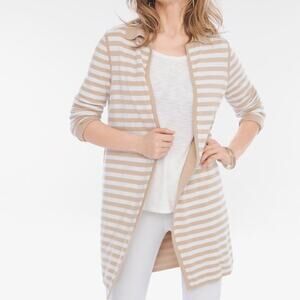 Chico's Reversible Striped Long Cardigan Sweater Size S Tan White Open Front